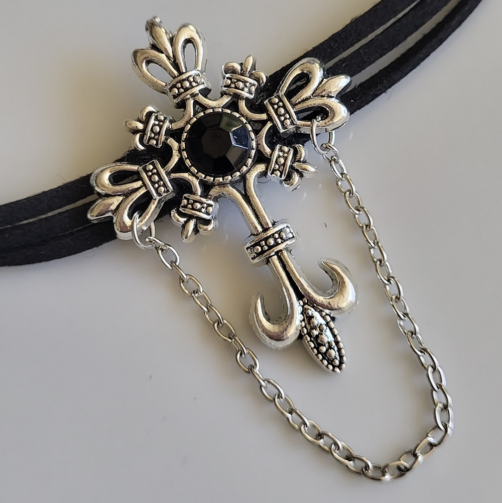 Gothic Silver Cross Choker – Black Multi-Strap with Black Crystal & Chain
